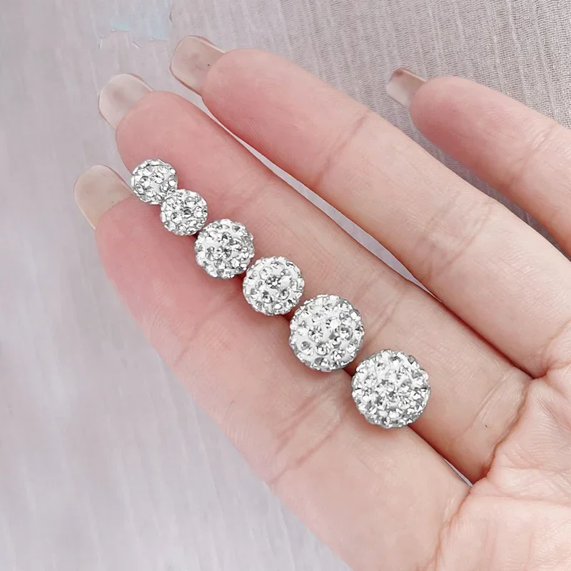 Various Size Ball-Shape Stud Earrings For Women Shiny Micro Crystal Paved Bright Beads Ear Nail Piercing Jewelry Accessories