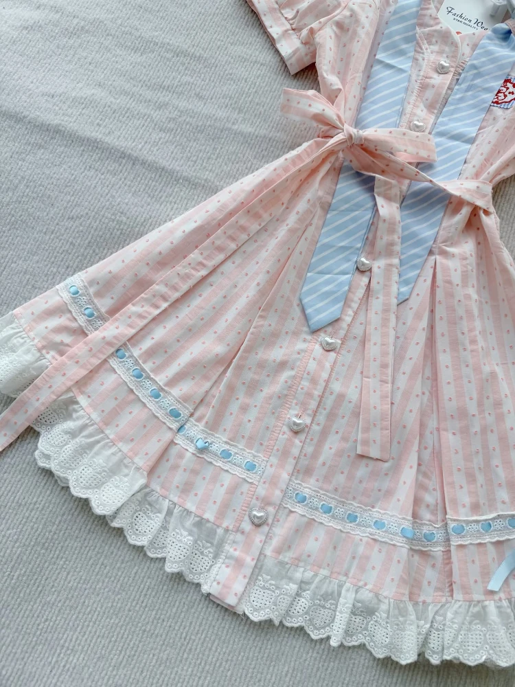 College Wind Sweet Summer New Product Design Girl Pink Dress Waist Slim First Love Dresses Fashion Kawaii Casual Striped Dress