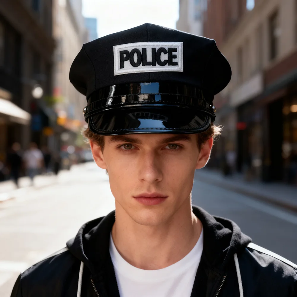 2pc PU Neck Collar Necklace Cosplay Police Hat Children's Fun Uniform Hat Costume Prop Hat Breathable Flat Top Large Cap