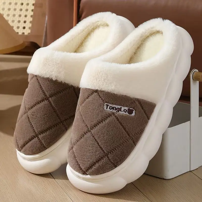 Winter Warm Cotton Slippers Men Women Plush Lined Non Slip Thick Sole Indoor Couple Home Fuzzy Soft Cozy House Slippers