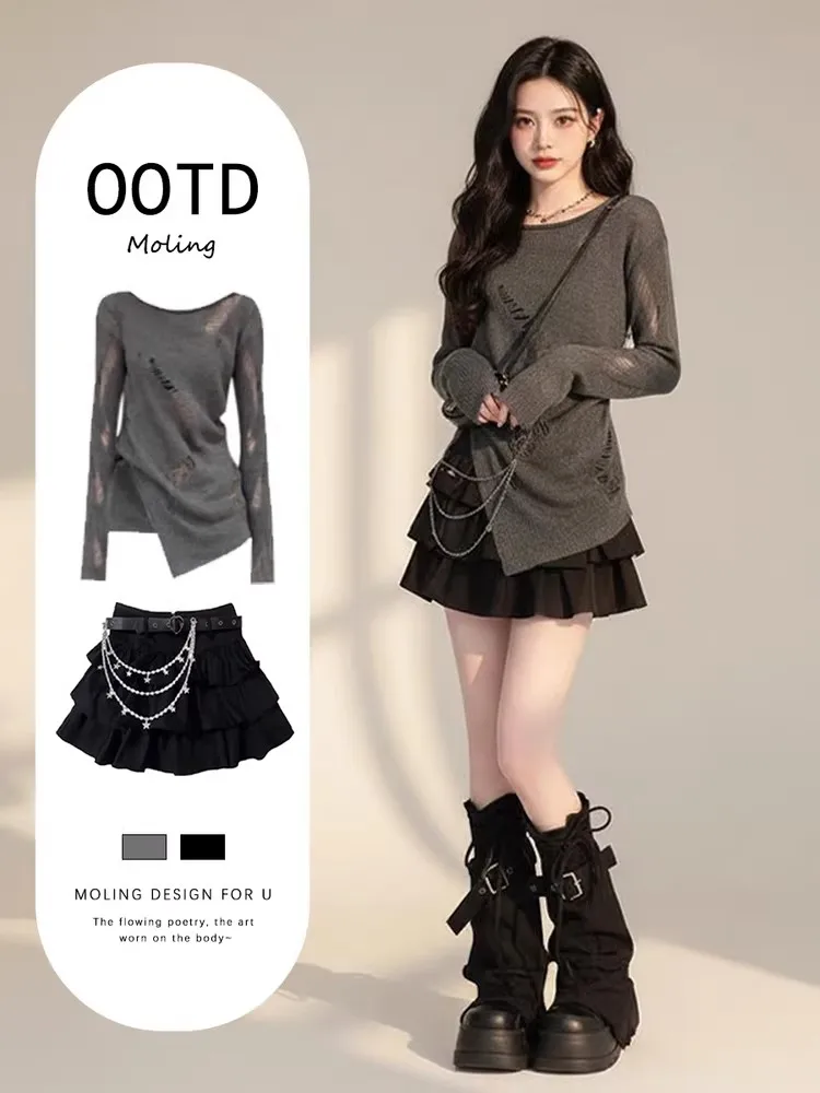 

Весенний уникальный вязаный комплект с юбкой: модный повседневный комплект для женщин, пышная юбка, длинный рукав, V-образный вырез, высокая талия, свободный крой.