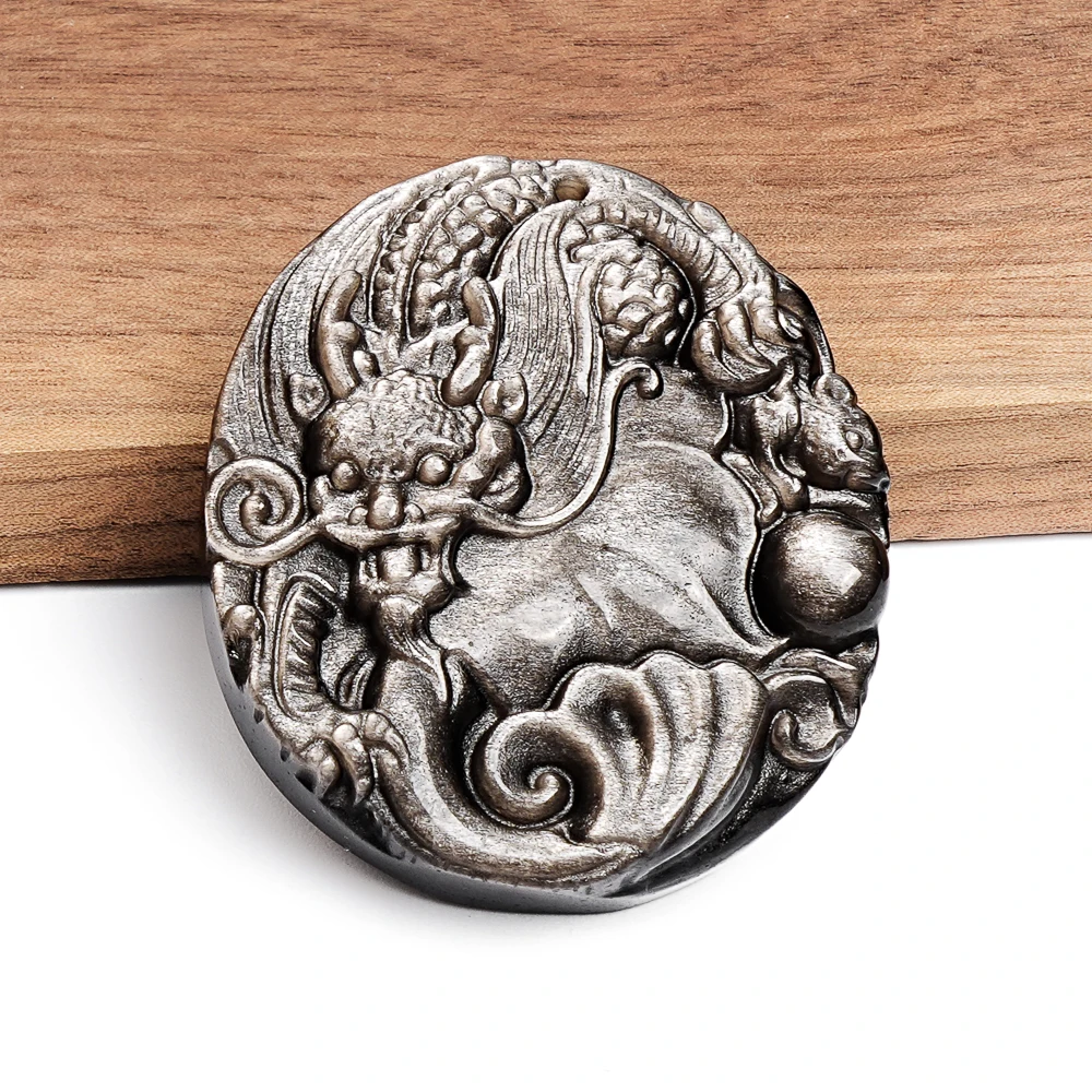 Silver Black Round Dragon Carving Pendant Natural Silver Obsidian Semi Precious Stone Lucky Amulet Necklace Charm 43X38X9MM