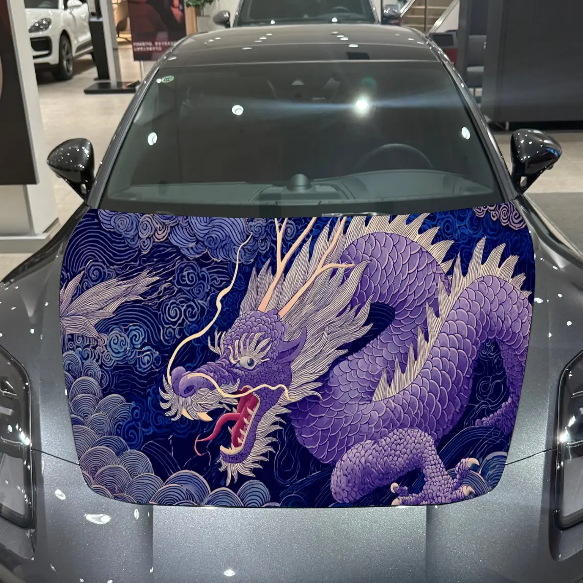 

Фиолетовый китайский дракон восточный миф ПВХ обертывания на капот автомобиля, самоклеящаяся водонепроницаемая наклейка на капот автомобиля, защита украшения автомобиля