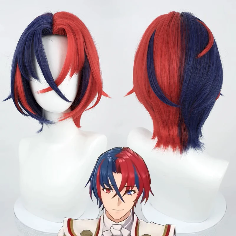 Fire Emblem Engage Alear Cosplay Pruik 30Cm Korte Rechte Blauw En Rood Mannen Pruiken Hittebestendige Spel Mannelijke Hoofddeksels