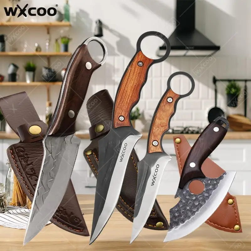 WXCOO Hand Forged Boning Knife Kitchen Accessories Meat Cleaver Knife with Wooden Handle Stainless Steel Cover for Kitchen Use