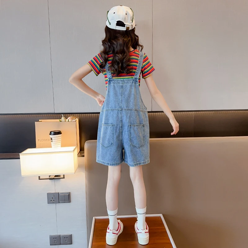 New Casual Baby Girl Summer Dungarees Denim Shorts with Straps for Kids Child Solid Jeans Overall Shorts Fashion Bib Shorts 5-14