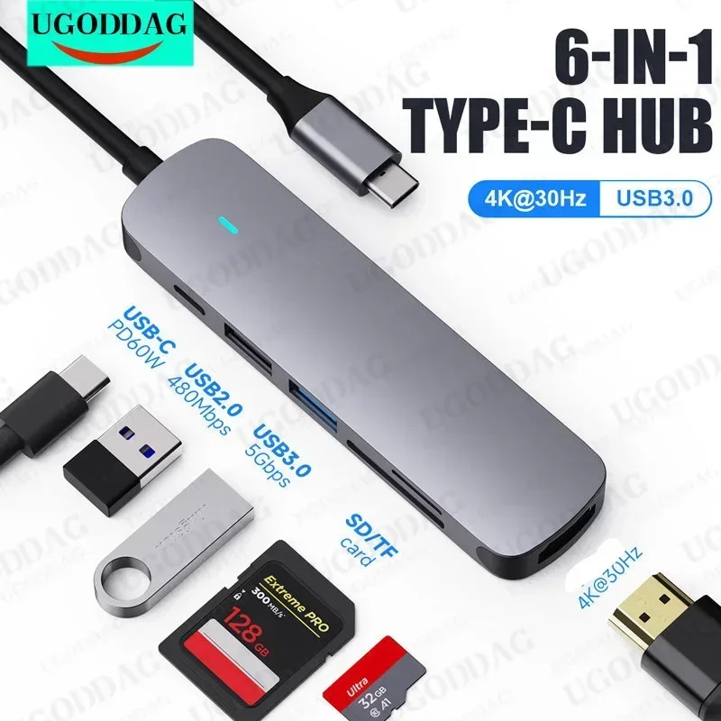 USB 3.1 Type-C Naar HDTV Adapter 4K Thunderbolt USB C Hub 3.0 2.0 TF SD Reader Slot PD 60W voor MacBookPro Air USB C Splitter