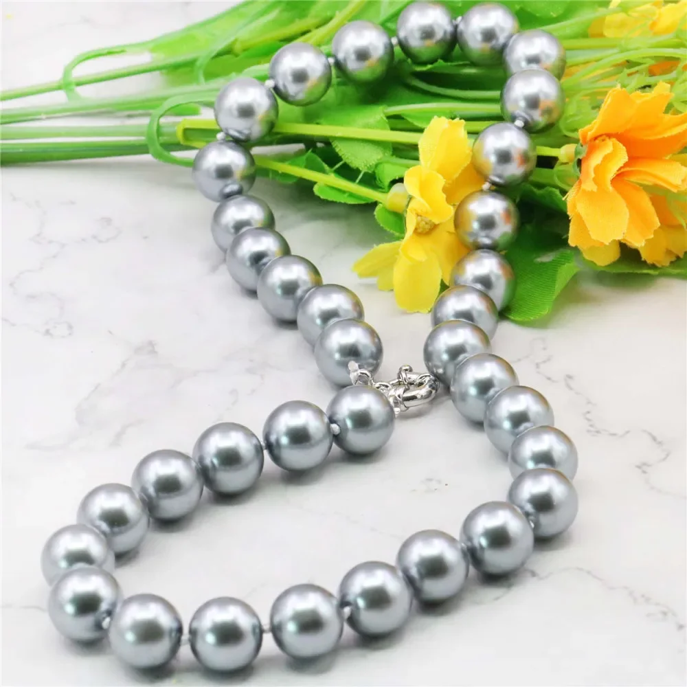 2024 10 12 14MM Elegant Silvercolor Gray Shell Pearl Necklace Bead Girl Fashion Jewelry Rope Chain Necklace Natural Stone 18INCH