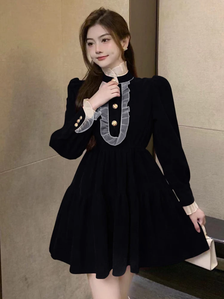 French Elegant Women\'s Black Long Sleeve Dresses Retro Lace Aesthetic Velvet Mini Birthday Dress Autumn Cute Feminine Vestidos