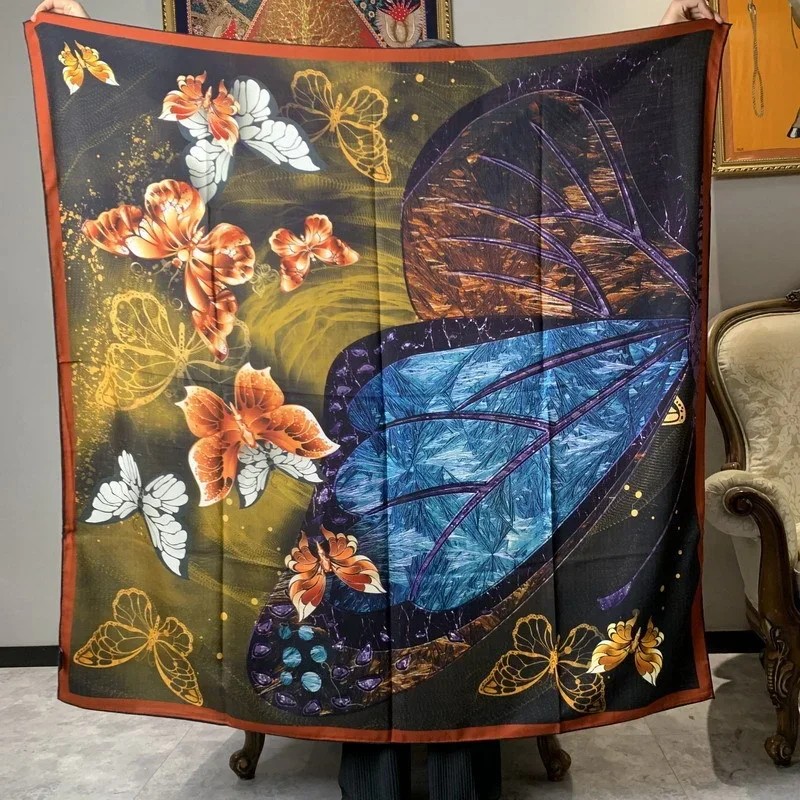 High-end Elegant Women Exquisite Crystal Butterfly Wings Double-sided Print Quality Silk Wool Handrolled Edge Large Scarf Shawl