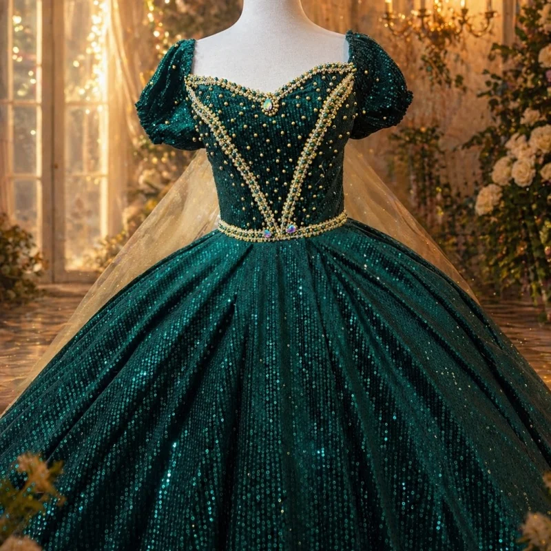 

Dark Green Quinceanera Dress off-shoulder Sequins Crystal Pearl Decal Long tail Bow vestidos de 15 Quinceanera ﻿Customize