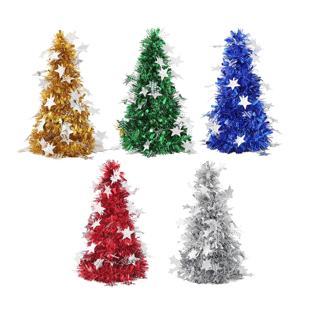 

5 pcs Mini Christmas Tree Decor Shiny Metallic Diy Desktop For Party Home Office Holiday Golden Silver Red Blue Green