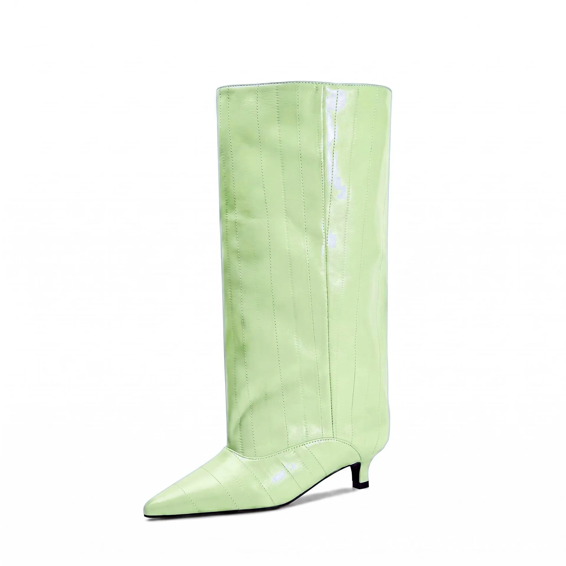 Women French Style Pointed Toe High Heel Knee High Boots Solid Color Stitch Pull-On Leather Elegant Chic Party Dress Boots F581