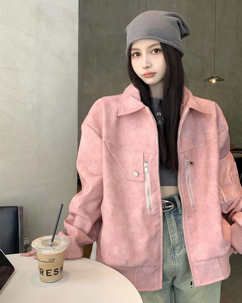 المرأة عادية بولي Coat معطف جلد ، الكورية ، الأمريكية ، Vintage ، فضفاضة ، التلبيب ، دراجة نارية ، الإناث ، ميناء الموضة ، جديد ، الخريف ، 2023