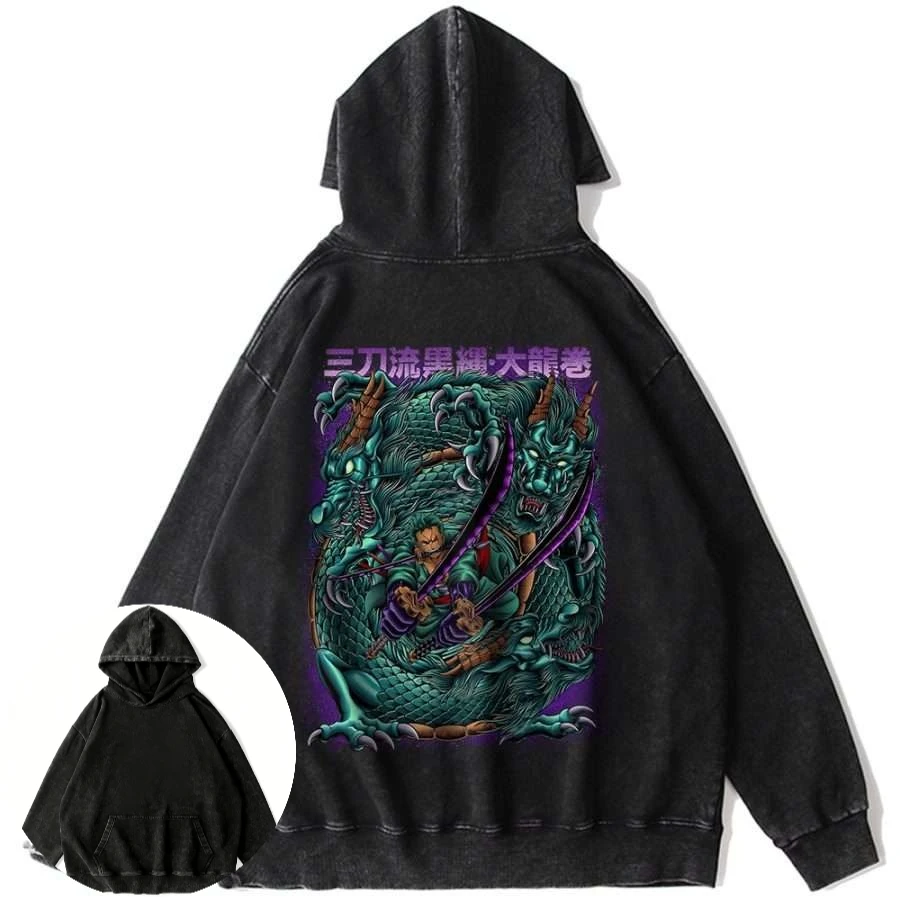 

Mens Vintage One Piece Anime Cotton Hoodie with Green Purple Dragon and Swordsman Dynamic Back Print Long Sleeve Sweatshirt