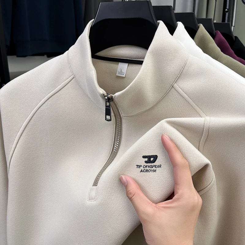 Autumn and Winter New Men's Half Zipper Stand Up Collar Pullover, Long Sleeved Shoulder Sweatshirt, Sports and Casual Cotton Top