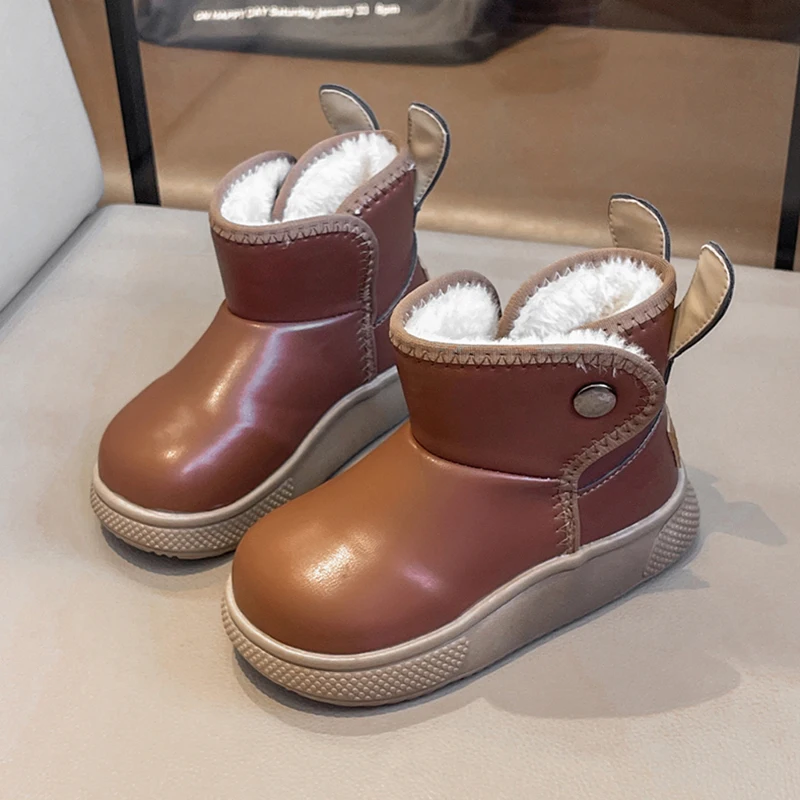 

PU Leather Snow Boots For Children Trend Fashion Boy's Girl's Plush Boots Thick Warm Outdoor Warm Boots For Kids Fur Shoes