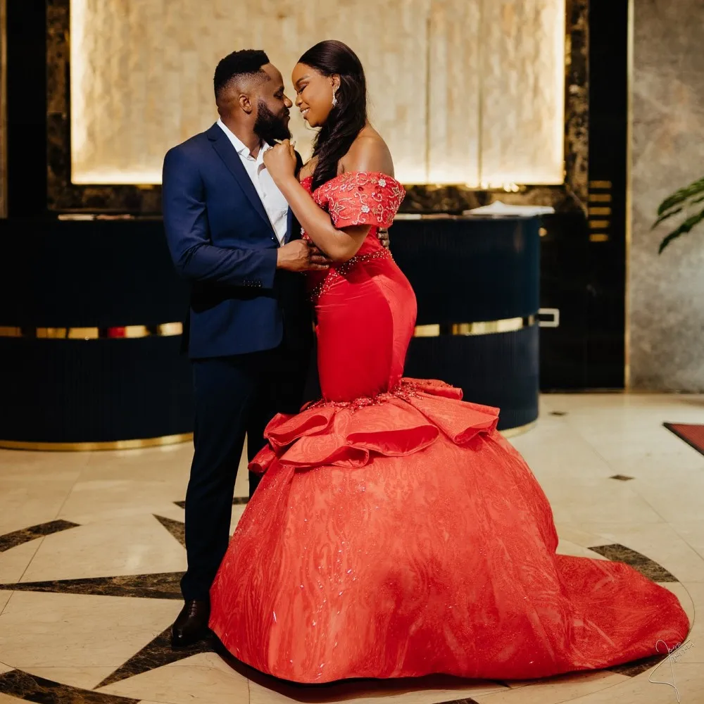 عيد الميلاد حورية البحر فساتين لحضور الحفلات الموسيقية قبالة الكتف الخرز الدانتيل المتدرج منتفخ أسفل الدانتيل فستان حفلات الزفاف Aso Ebi الجلباب دي سواريه #2