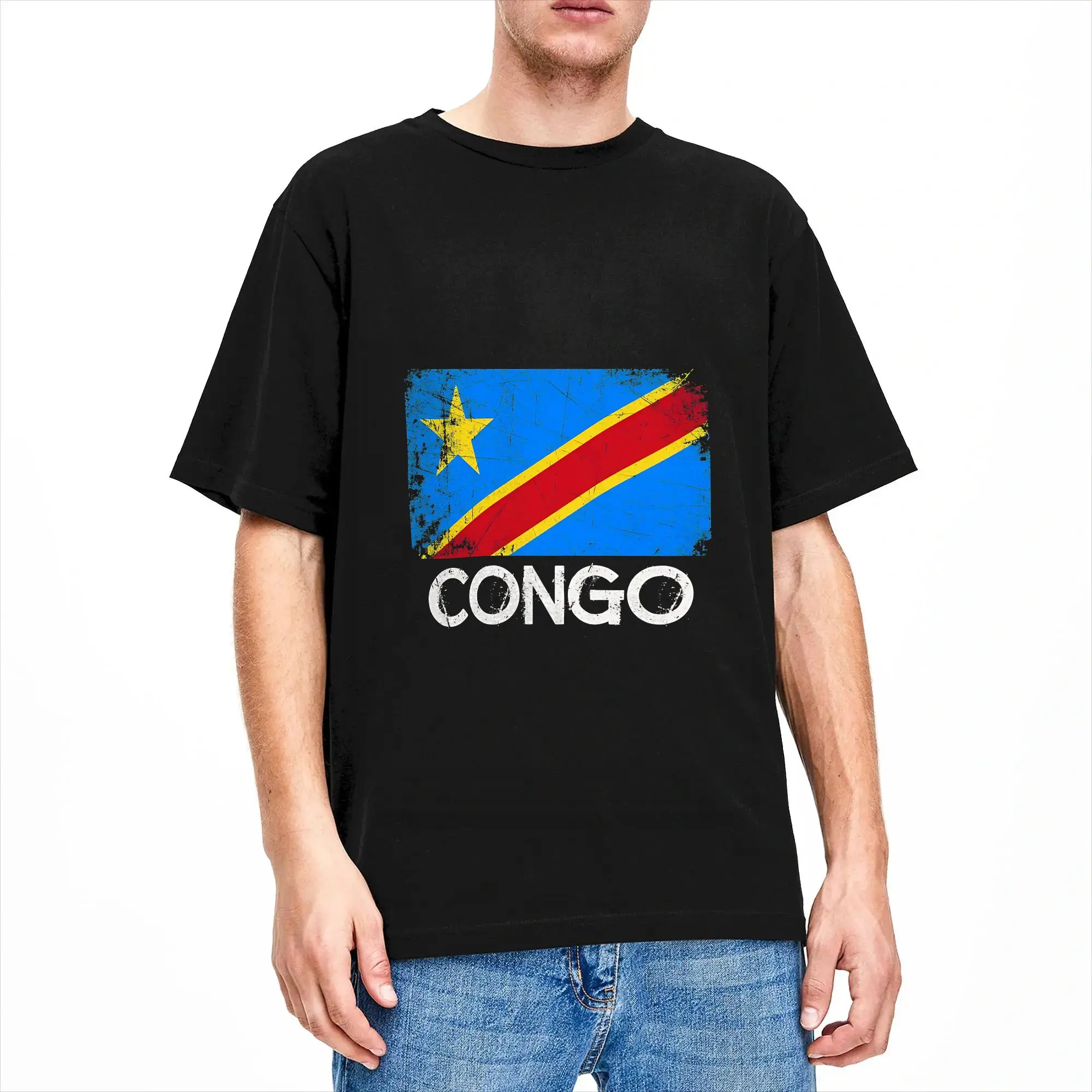 Congo Flag  Men's T Shirts  Crazy Tees Short Sleeve Crew Neck T-Shirt 100% Cotton 6XL Clothing