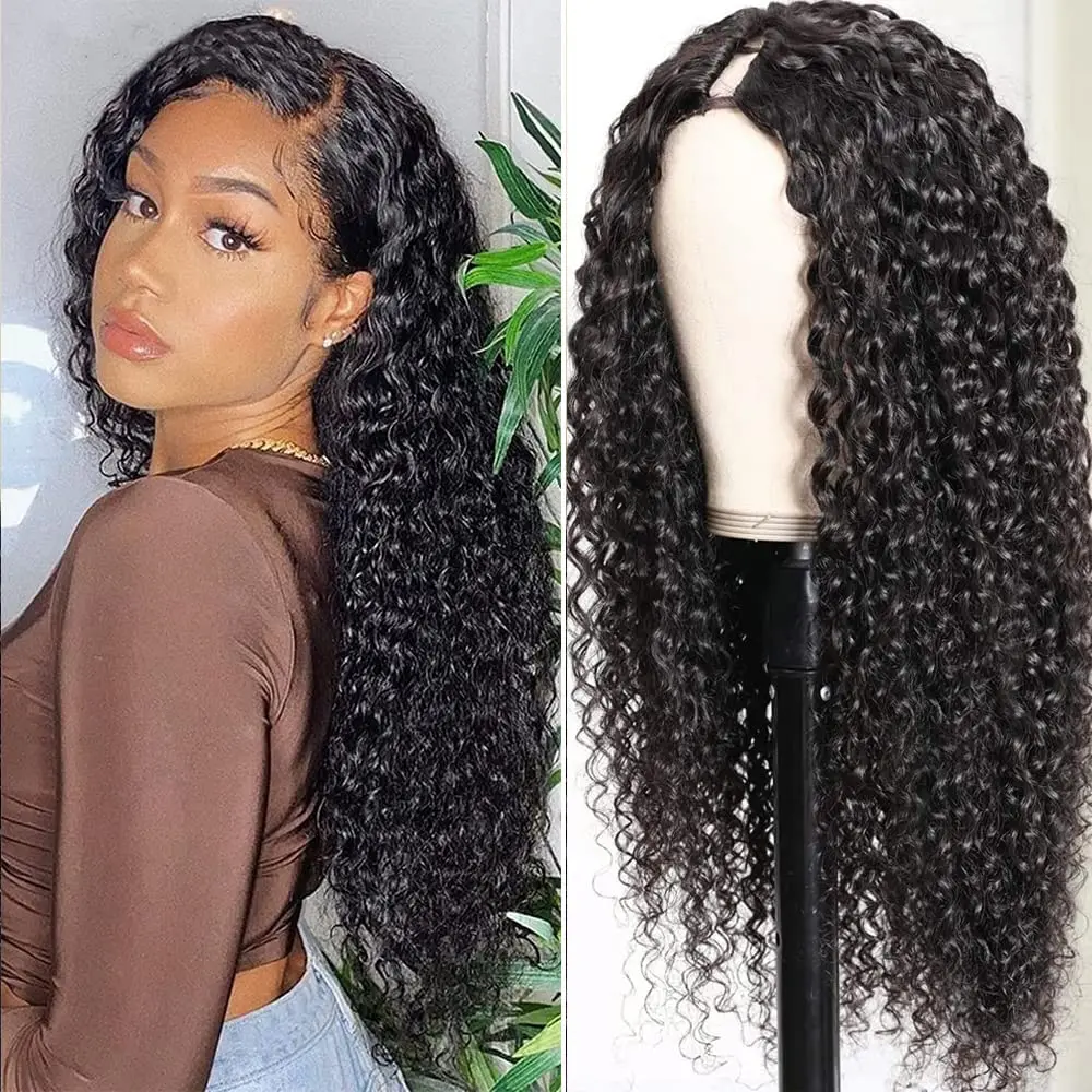 Water Curly V Part Wig Human Hair Deep Curly V Part Wig 24 Inch Remy Hair Upgrade V Part Human Hair Wig for Women Machine Made