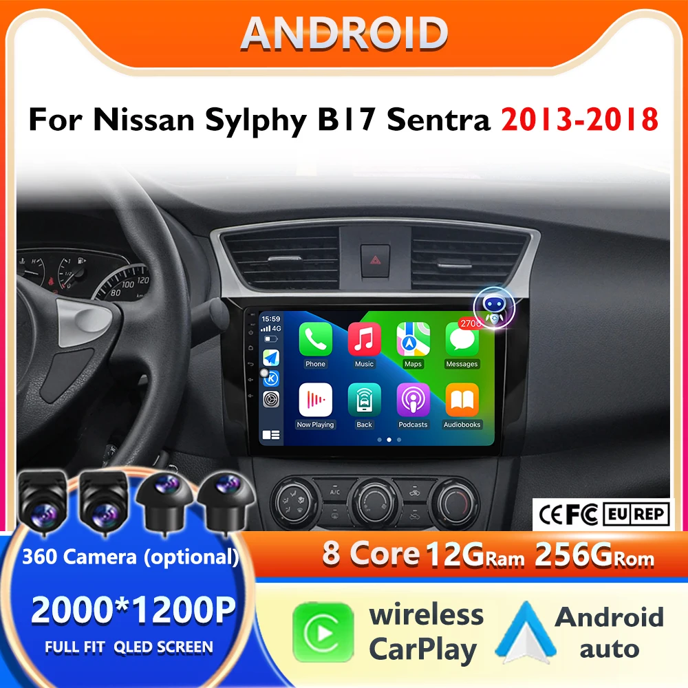8core HD Android Auto Car Radio Multimedia Player For Nissan Sylphy B17 Sentra 2013-2018 Carplay GPS Stereo Head Unit Android 16