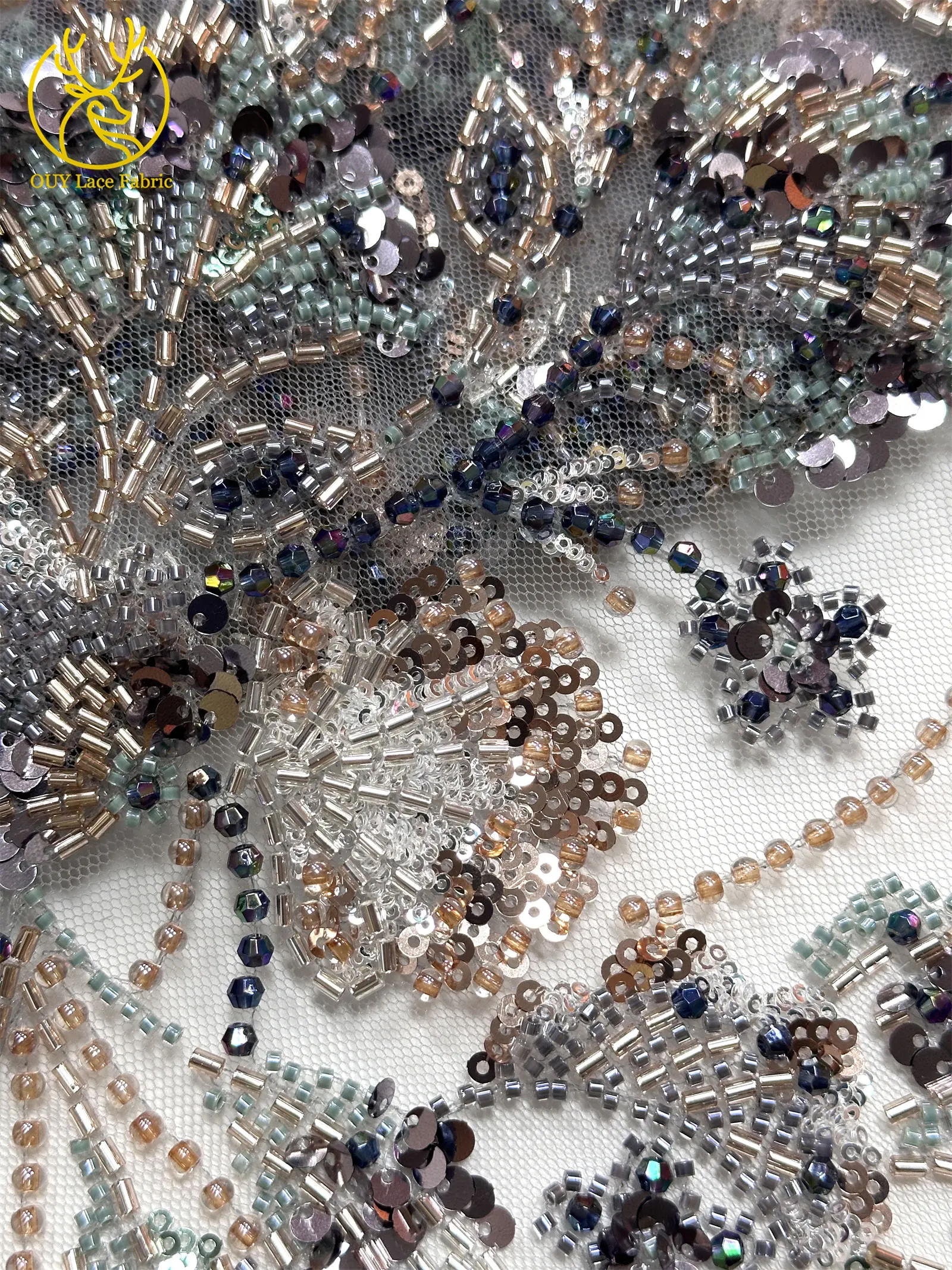 Luxuriöser afrikanischer schwerer Perlen-Spitzenstoff 2026, hochwertiger nigerianischer Tüll mit Pailletten, Spitzenstoff, Brautkleid, Haute Couture-Stoff – Detail 15