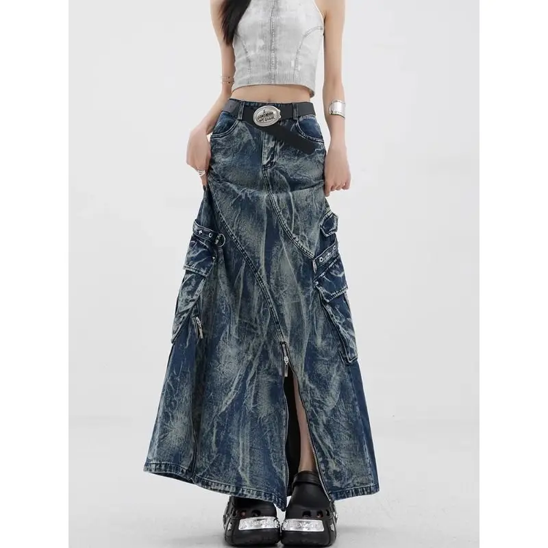 

2025 Heavy Industry Washed Tie Dye Denim Skirt for Women, Loose Fit with Large Pockets, Zipper Decoration, Hip Bag, Long Skirt