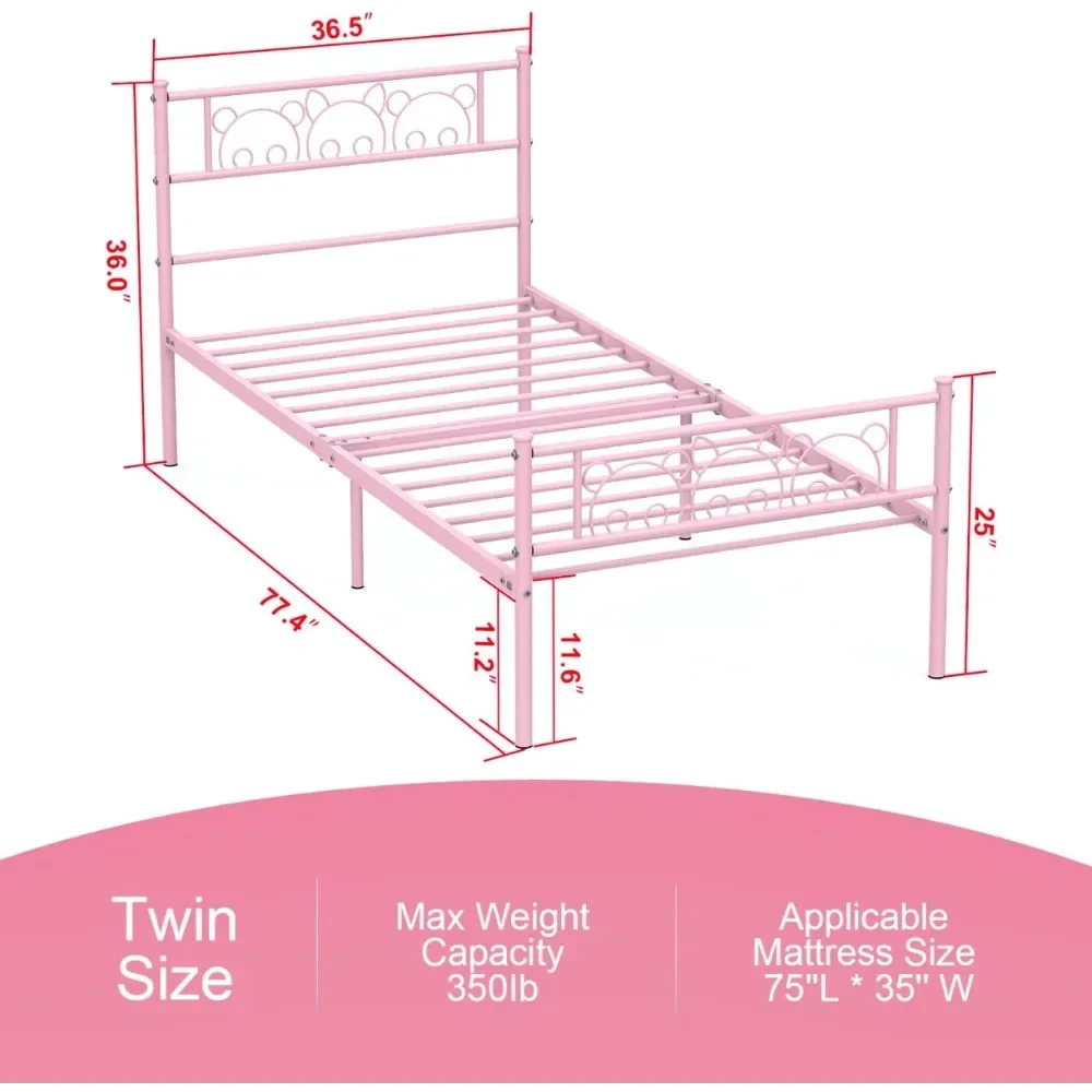 Pink Twin Bed Frames com cabeceira pendurada, armazenamento Caddy para adolescentes e adultos, bonito Twin Size Bed Frame, cabeceira