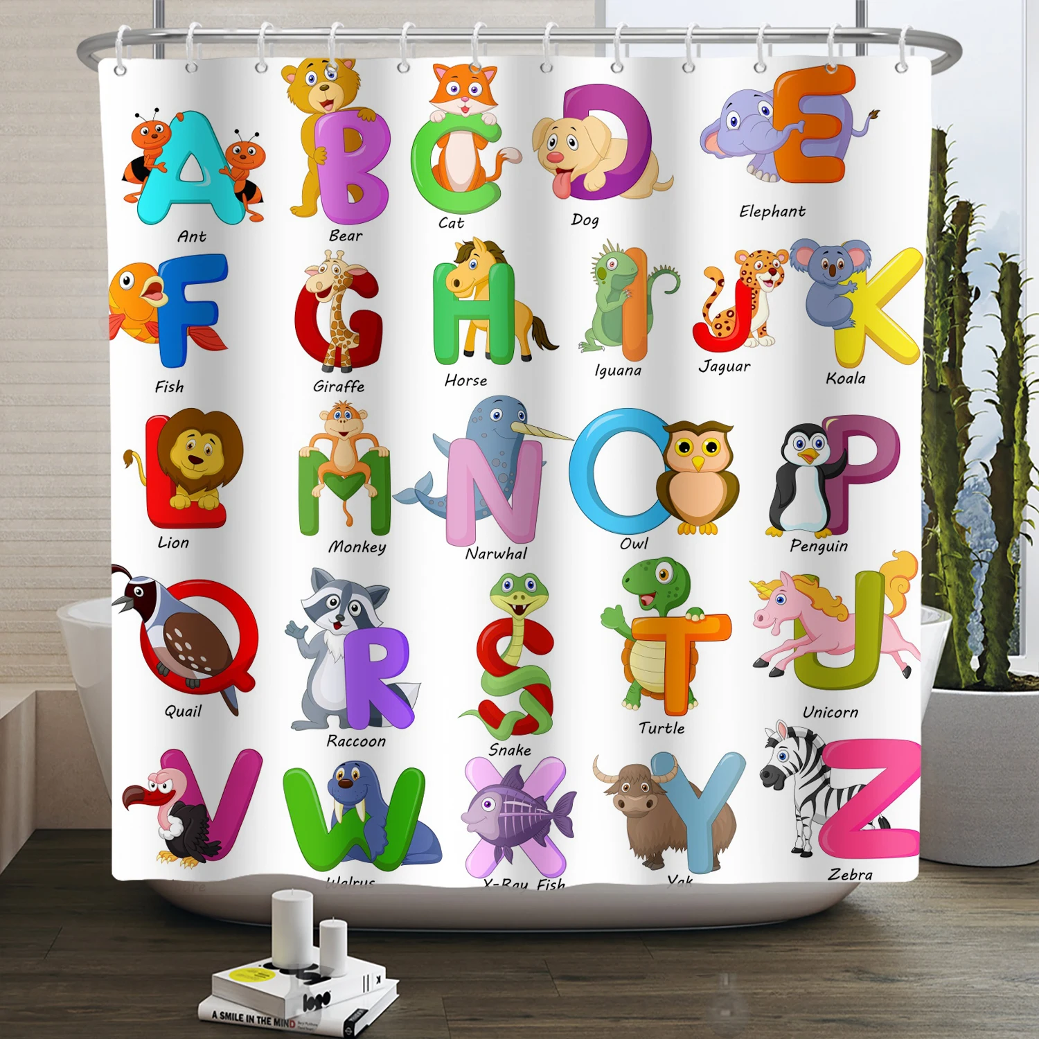 Alphabet Shower Curtain Cartoon Letters Animal Pattern A to Z Funny Teaching Words Fabric Bathroom Decor Sets with Hooks