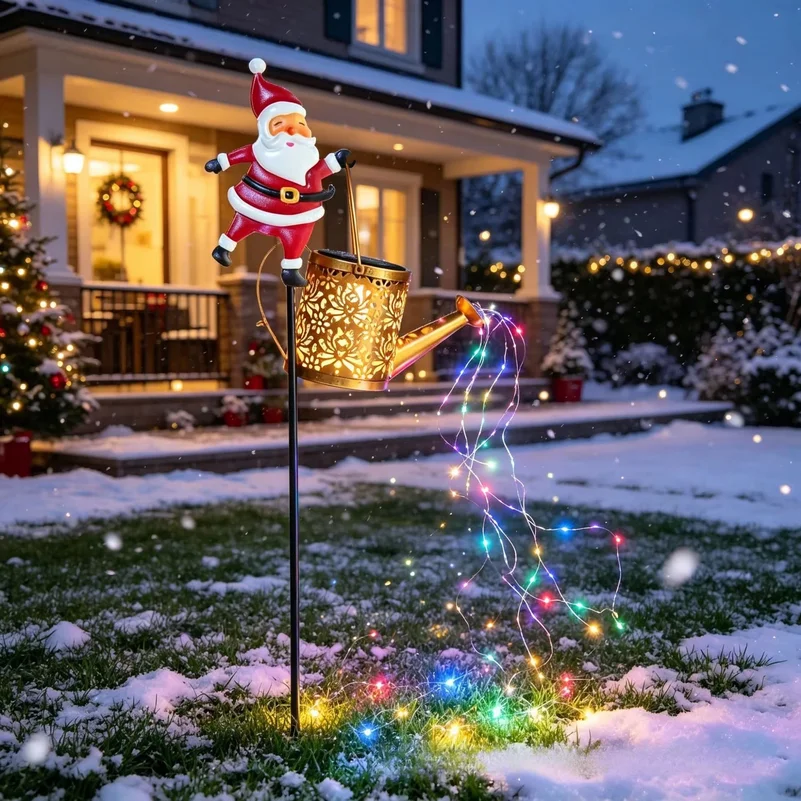 LED Christmas Santa Claus Solar Garden Light Watering Can Lantern Outdoor Waterproof Metal Yard Patio Decoration