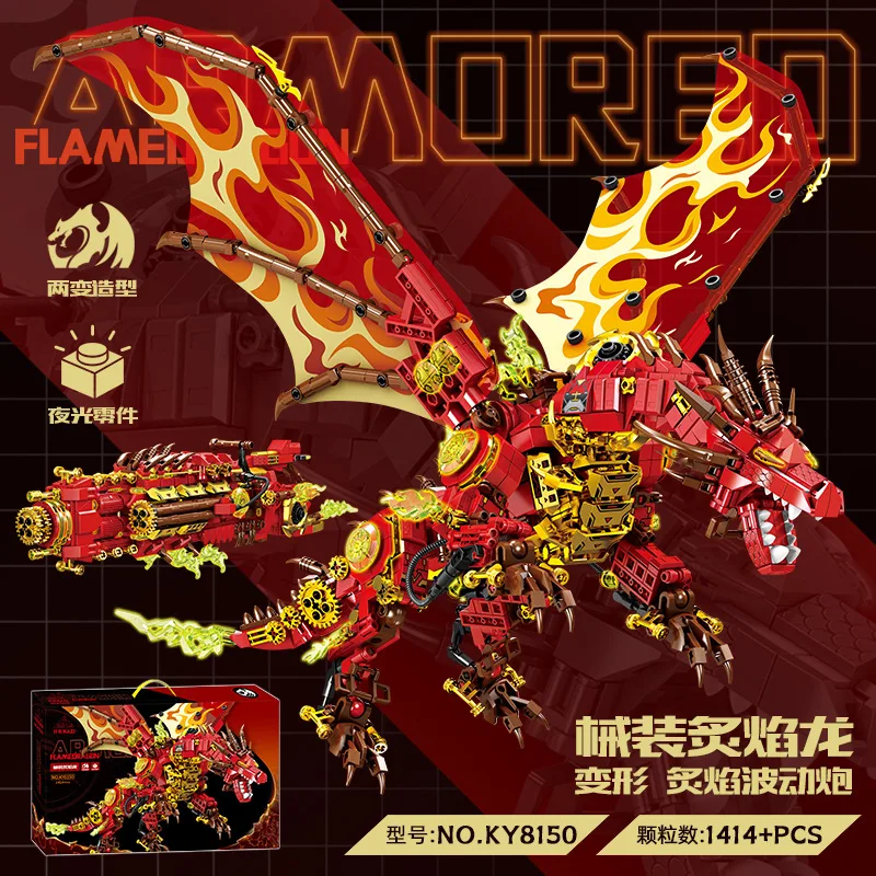 

2-in-1 Transforming Mecha Dragon Building Blocks, Flame Themed Robot Model Kit, Creative Gift for Boys