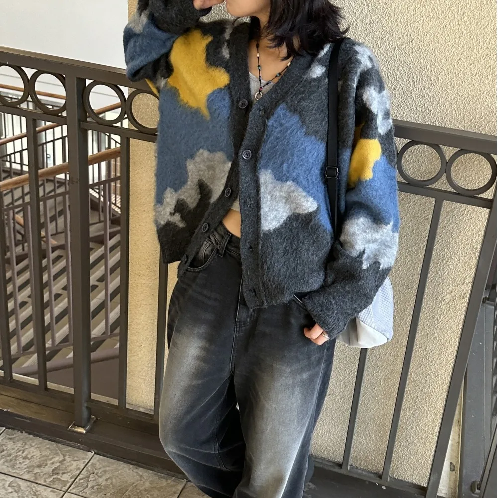 

Свободный женский вязаный свитер с v-образным вырезом на пуговицах Cloud Color Blo Long Sve Top Chic Retro Lazy Sle Корейский дизайн