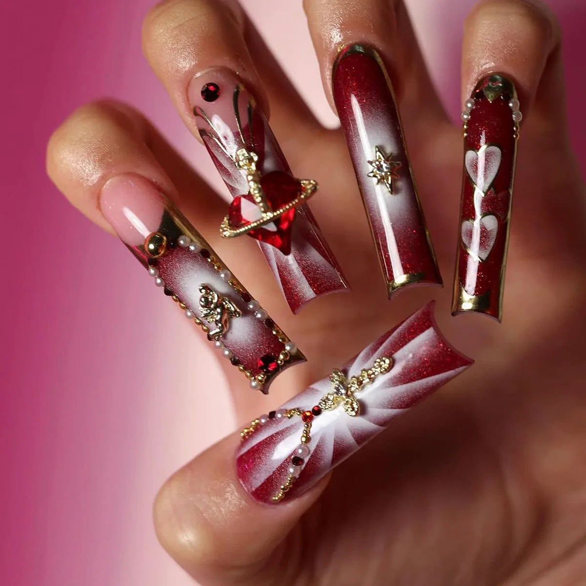 Manicura 3D de estilo francés Retro, Gema roja, corazón, ideal para viajes, uso diario, fiesta, se puede combinar con uñas de Ballet, 24 piezas de largo