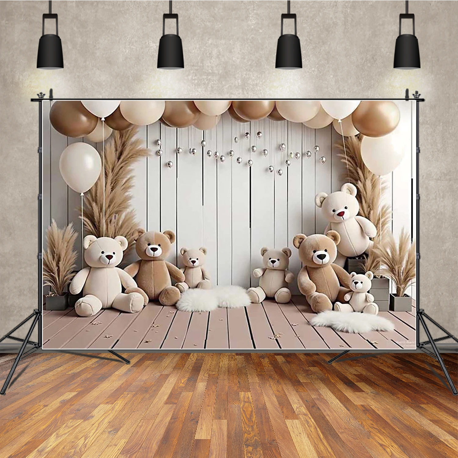 

MOON.QG Birthday Party Supplies Photography Backdrop Teddy Bear Balloon Wooden Plank Photozone Background Child Studio Supplies