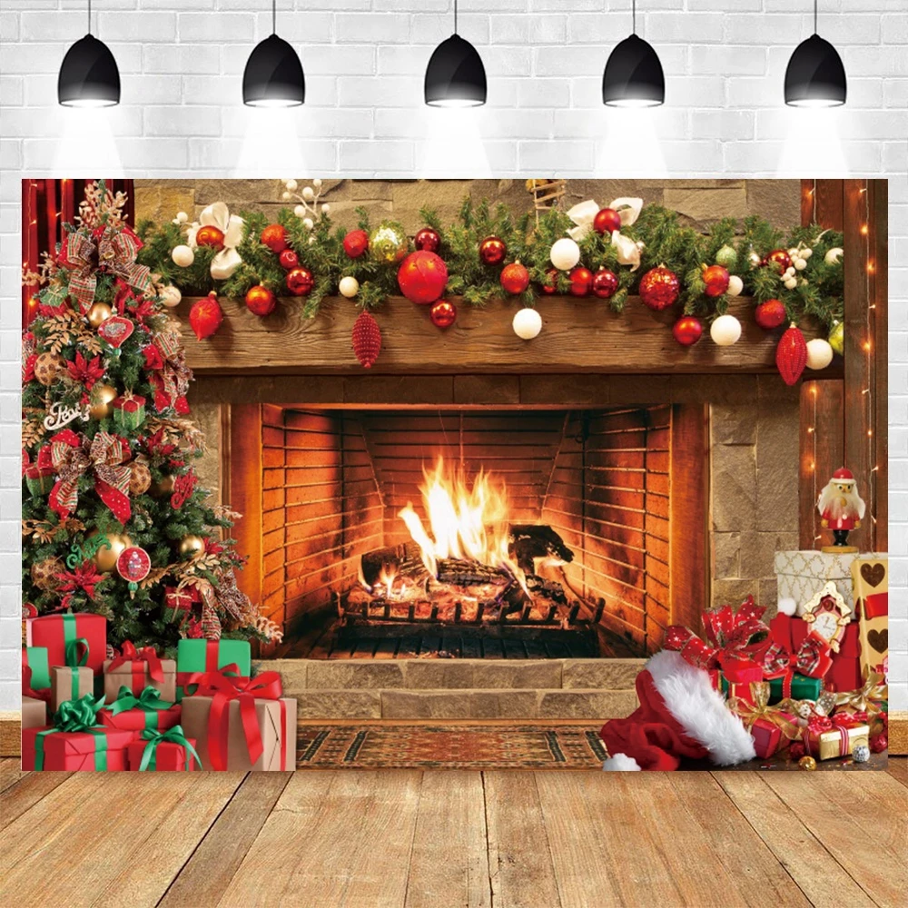 Christmas Fireplace Backdrop for Photography Burning Fireplace Xmas New Year Winter Family Party Decor Background Photo Studio