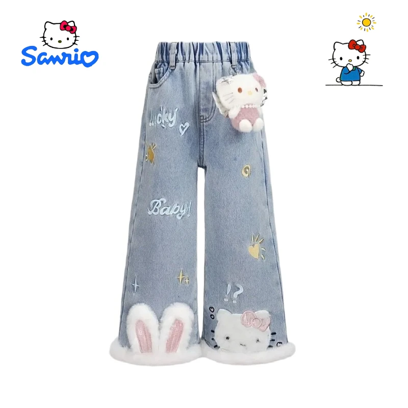 

Sanrio Hello Kitty cartoon cute student lined thick denim jeans creative Kawaii girls winter flared wide-leg trousers gift