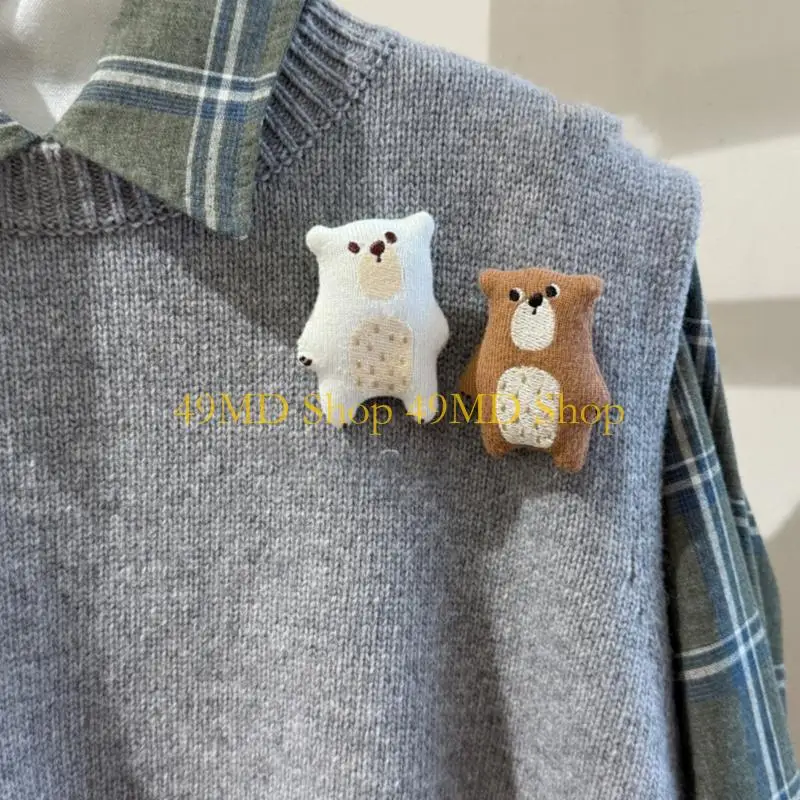 49MD 2Pcs Handcrafts Fabric Animal Brooch Lovely Bear Plush Brooch Pin for Teens
