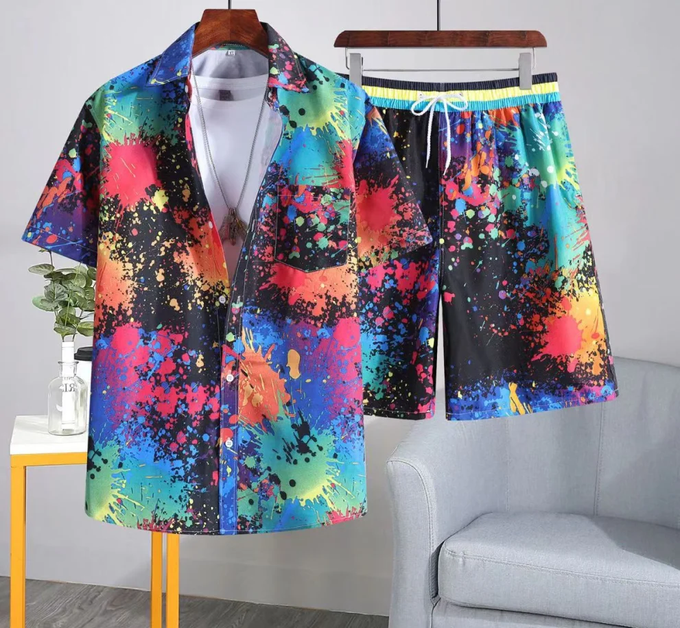 Summer Colorful Graffiti 3D Print Men Shirt Sets Fashion Short Sleeve Shirt Oversized Beach Shorts Streetwear Suits Clothes