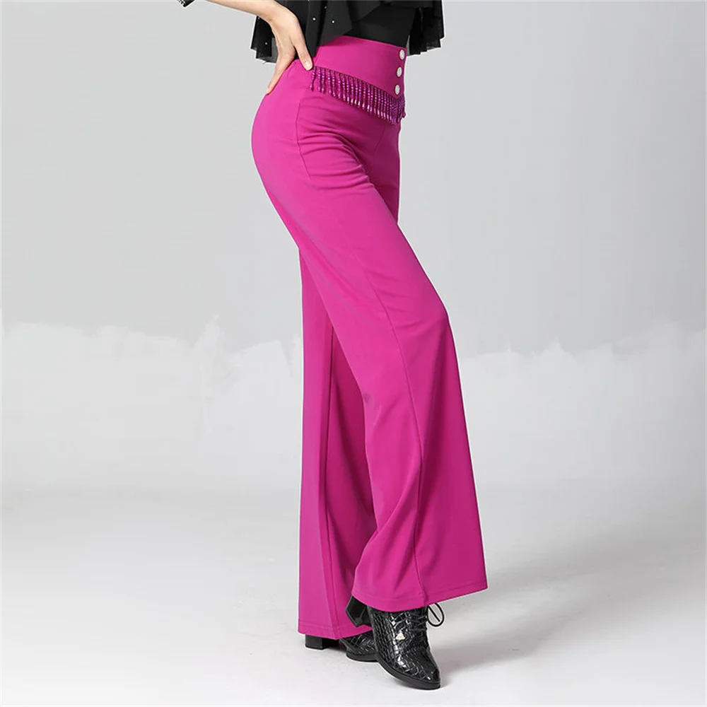 Women's high-waisted Latin dance performance pants Girls Belt beading Cha-cha, Rumba Latin wide leg pants rose color Trousers