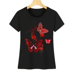 Camiseta de manga corta con estampado de mariposa hermosa para mujer, camiseta con diamantes incrustados, camiseta de ocio para mujer, serie Popular, nueva