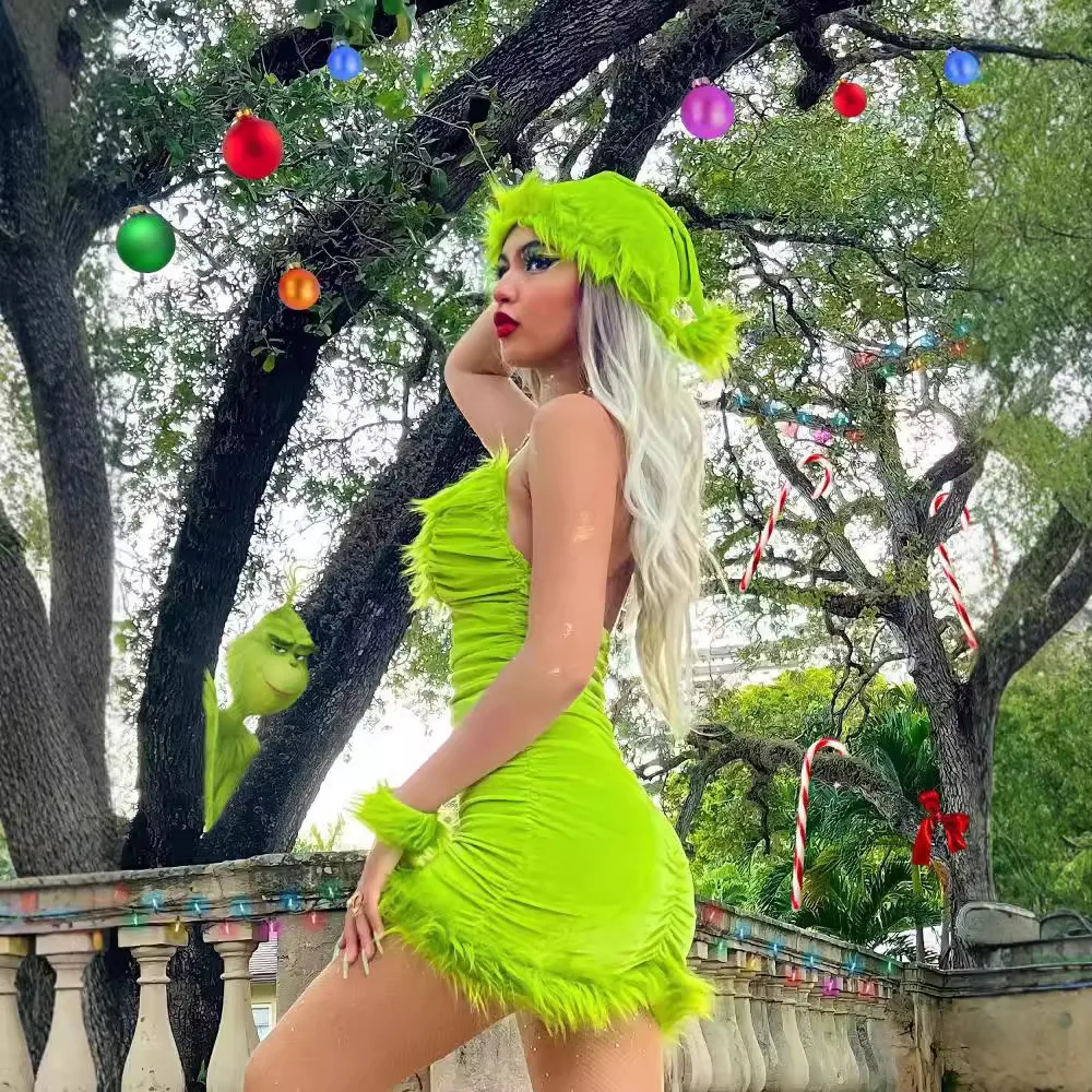 2024NEW Super Sexy Christmas Outfit Hot Green Elf Cosplay Rudolph Velvet Dress Holiday Party Costume New Year Seductive Uniform