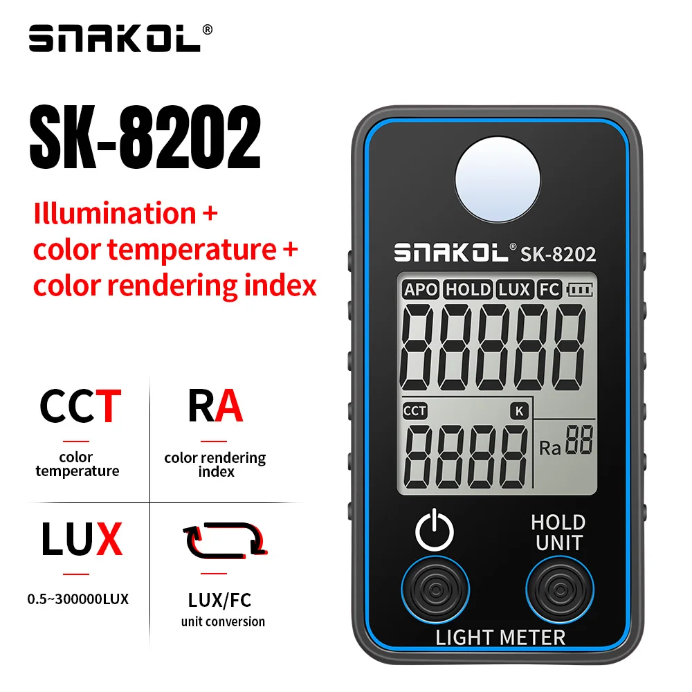 SNAKOL Digital Luxmeter medidor de luz FC medidor de iluminancia probador 0,5-300,000 Lux iluminómetro fotómetro Luxometro
