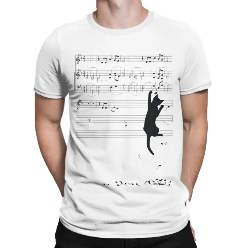 

All Seasons Men Women's Cat Staff Music Note T Shirts Outfits Stave Musical Cat Meow Pure Cotton T-shirt Clothes Funny Tee Shirt