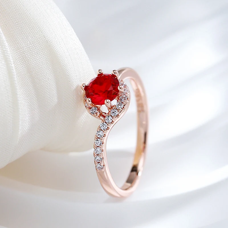 Kinel Hot Trend 585 Rose Gold Color Wedding Ring for Women Round Red Natural Zircon Accessories Daily Fine Jewelry Crystal Gift
