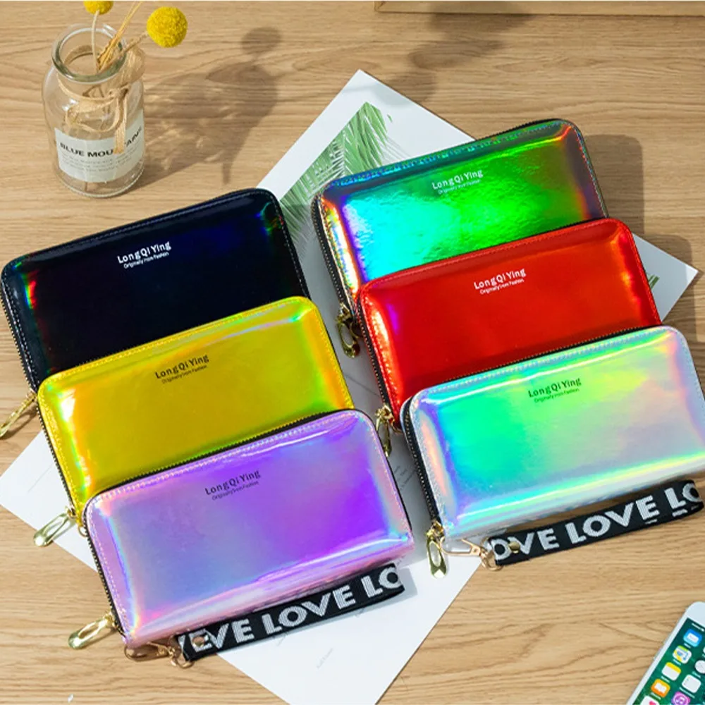 PU Leather Women Long Purse Multipurpose Fashion Large Capacity Lady Wallets Laser Zipper Purses Women