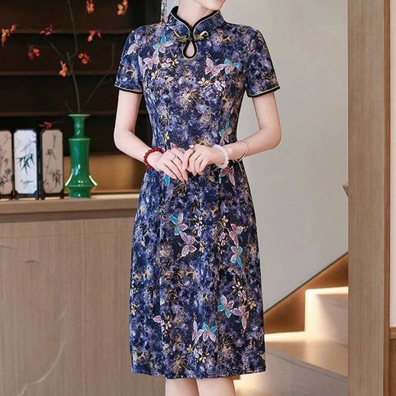 Womens Traditional Manin Collar Frog Button All Over  Floral Print Short Sleeve Cheongsam Midi Dress
