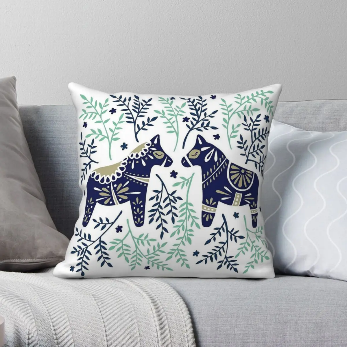 Swedish Dala Horse Navy Mint Square Pillowcase Polyester Linen Velvet Creative Decor Throw Pillow Case Car Cushion Cover 45x45