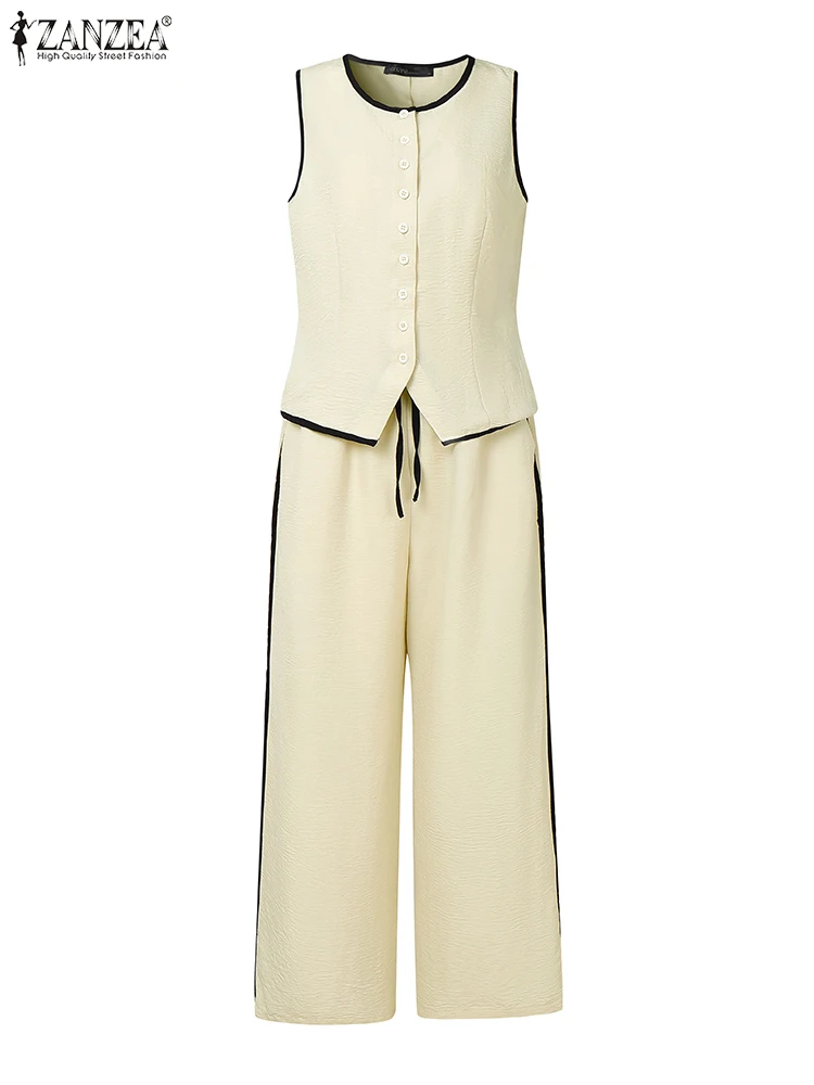 

ZANZEA, женские однотонные комплекты, элегантные офисные женские костюмы, винтажные топы без рукавов, широкие брюки, 2025 г., повседневные одинаковые комплекты