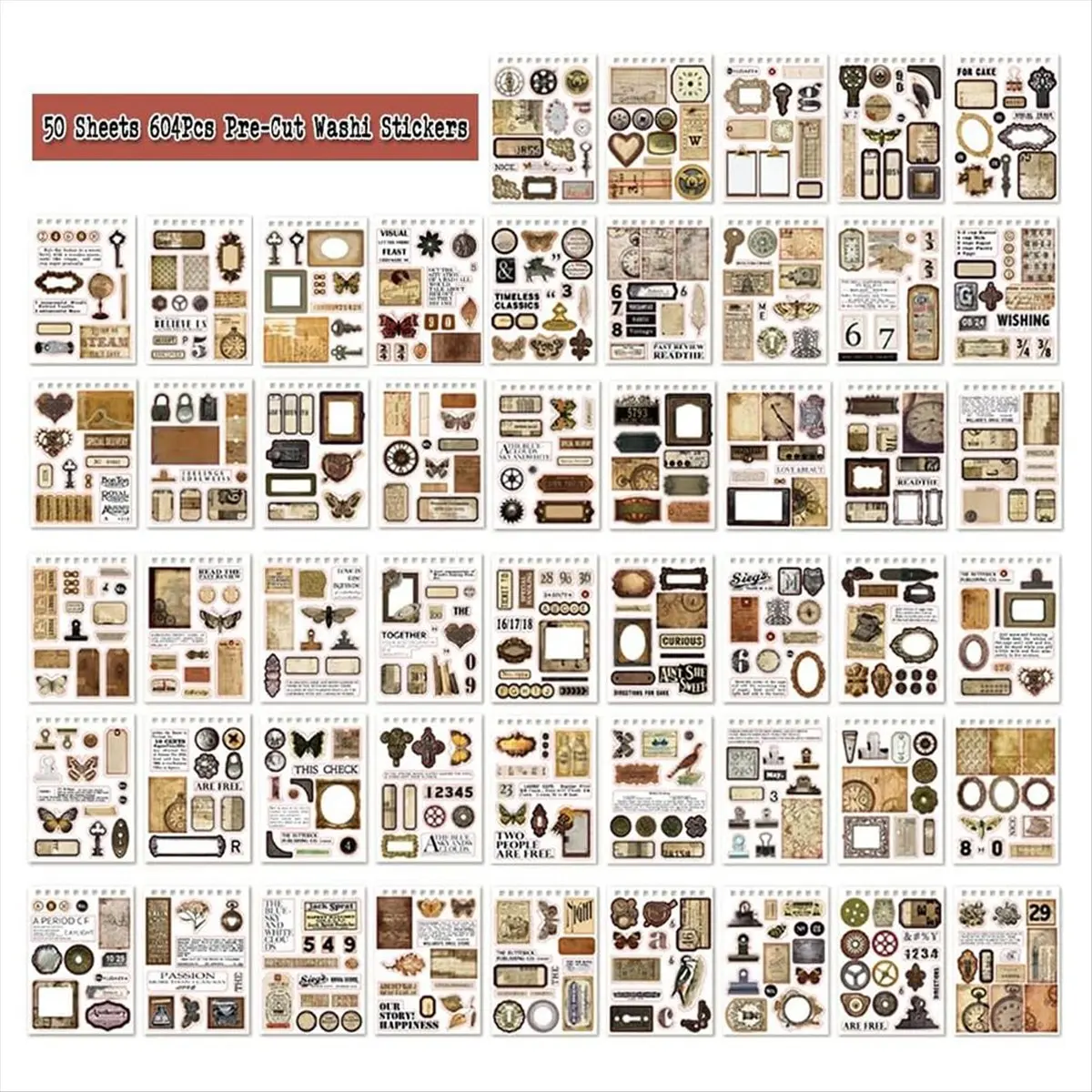 KSOL Vintage Stickers for Scrapbooking, 50 Sheets Precut Washi Stickers Book for Journaling, Junk Journal Supplies D