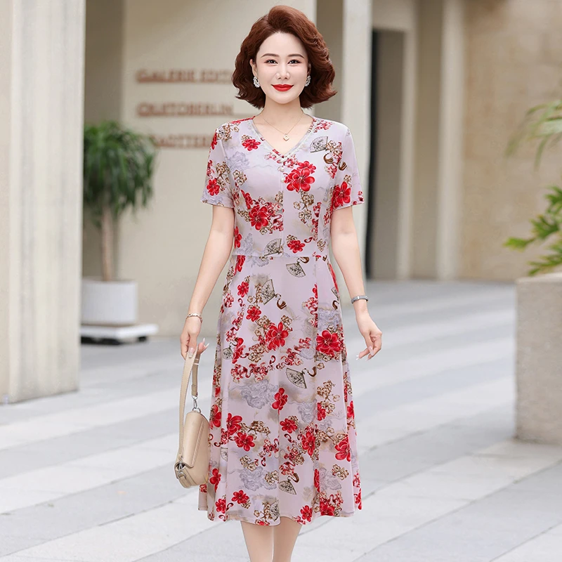 Modisches Kurzarm-Midikleid Vintage Bedrucktes Sommer A-Linien-Kleid mit Taille Elegantes V-Ausschnitt Patchwork-Kleid Damenmode